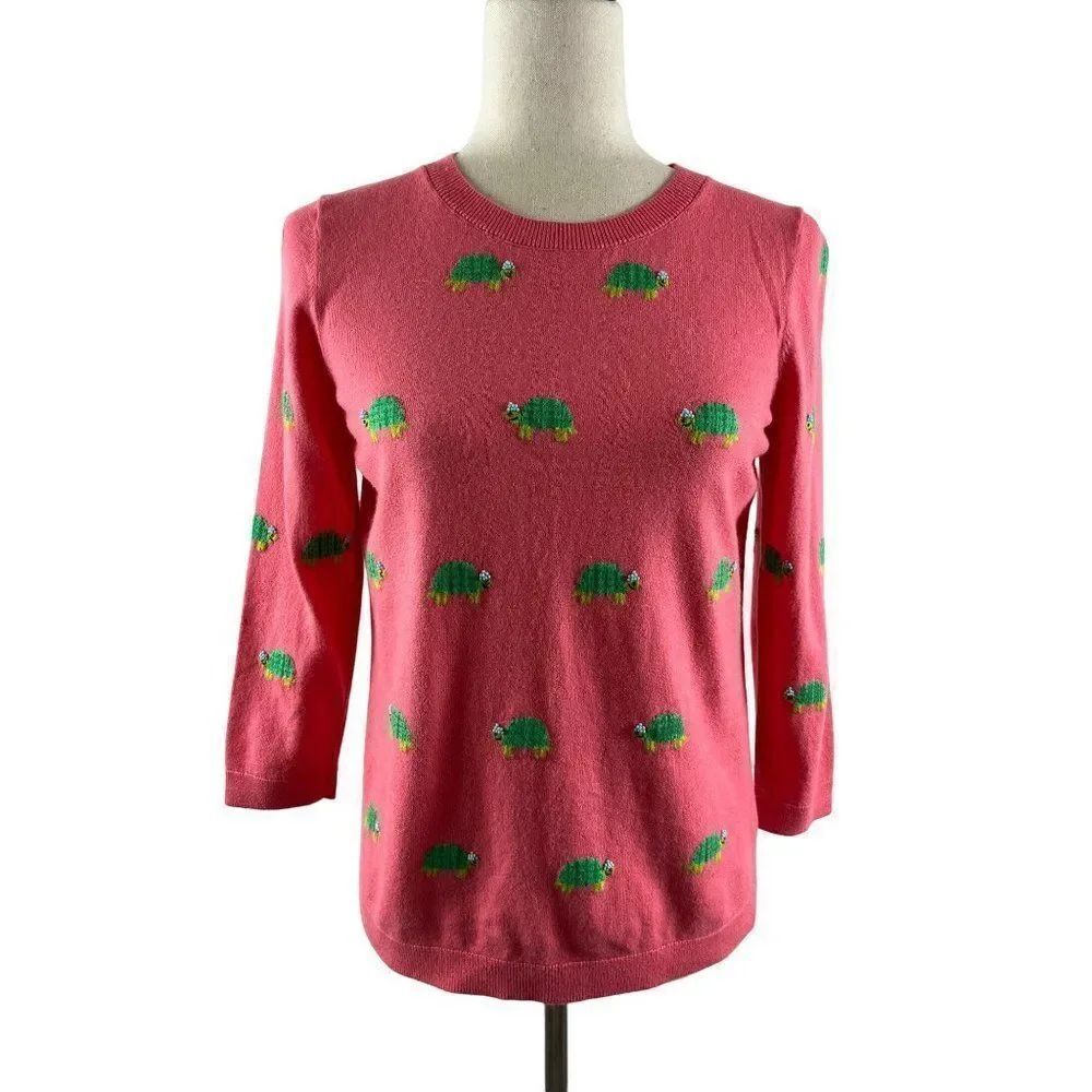 Talbots Novelty Beaded Turtle Sweater Women’s Petite Medium Coral Pink Preppy